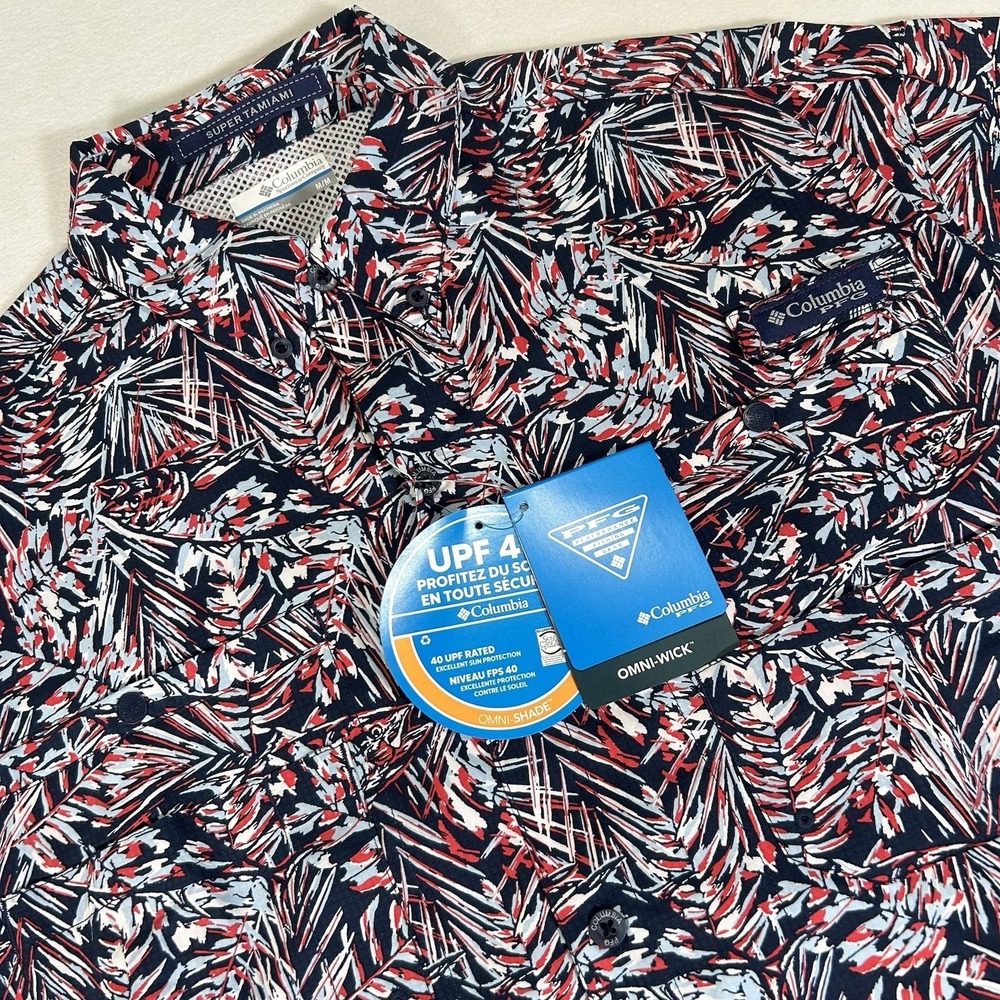 NWT Columbia PFG Super Tamiami OmniShade Patriotic Shirt Men Medium Short Sleeve